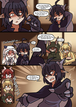ahoge blonde_hair bodily_fluids brown_hair clawed_hands clothed clothing dark_hair dialogue female gem group hair head_wings horn male monster_girl_(genre) open_mouth red_hair simple_background sweat sweatdrop text unusual_wing_placement white_hair wings yellow_eyes yellow_gem shriekingmagpie horned_humanoid humanoid comic digital_media_(artwork) english_text hi_res