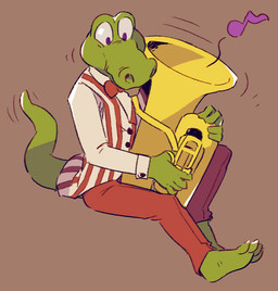 anthro barefoot biped bow_tie brass_instrument clothed clothing feet green_body male musical_instrument musical_note musical_symbol pattern_clothing pattern_topwear pattern_vest playing_music pose red_bow_tie simple_background solo striped_clothing striped_topwear striped_vest stripes symbol toony topwear tuba vest wind_instrument flookz tuba_croc crocodile crocodilian reptile scalie 2017 digital_media_(artwork)