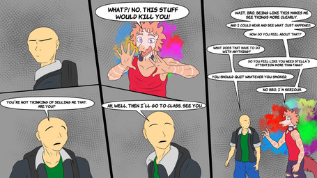 annoyed anthro athletic athletic_anthro athletic_male backpack bald biped bottomwear clothed clothed_anthro clothed_human clothed_male clothing dialogue drugs duo electronics feathered_tail feathers green_clothing green_shirt green_topwear grey_background grey_clothing grey_jacket grey_topwear hair head_turned headphones headphones_around_neck jacket looking_at_another male open_clothing open_jacket open_topwear pants pink_body pink_hair purple_bottomwear purple_clothing purple_eyes purple_pants red_body red_clothing red_feathers red_shirt red_tank_top red_topwear shirt short_hair simple_background speech_bubble stoned substance_intoxication tail talking_to_another tank_top text topwear torn_bottomwear torn_clothing torn_pants fuegosonic93 cavemanon_studios goodbye_volcano_high ko_op_(game_developer) snoot_game anon_(snoot_game) reed_(gvh) dinosaur dromaeosaurid human mammal prehistoric_species reptile saurischian scalie theropod velociraptor 16:9 4k absurd_res colored comic english_text hi_res widescreen