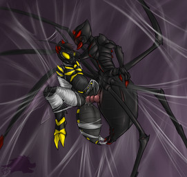 anal anal_fluids anal_penetration anthro anus arms_tied arthropod_webbing bodily_fluids bound claws dominant dominant_female duo egg erection female genitals male male/female male/male male_penetrated male_penetrating male_penetrating_male oviposition ovipositor_in_ass penetration penile penile_penetration penis penis_in_ass questionable_consent red_eyes sex spider_web spikes spikes_(anatomy) stinger striped_body stripes sweat web_bondage yellow_eyes deezmo arachnid arthropod hymenopteran insect spider wasp 2013