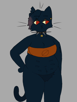 anthro arm_tattoo bell bell_collar belly_nipples blue_body blue_fur blue_tail body_hair bottomless bottomless_anthro bottomless_female breasts cheek_tuft chest_tuft clothed clothing collar ear_piercing ear_scar eyeliner facial_tuft female fluffy front_view fur grey_background happy_trail makeup navel overweight overweight_anthro overweight_female partially_clothed piercing pubes scar simple_background slightly_chubby slightly_chubby_anthro slightly_chubby_female solo spiked_collar spikes tail tattoo tuft whiskers mrs_owo night_in_the_woods mae_borowski domestic_cat felid feline felis mammal 3:4 hi_res