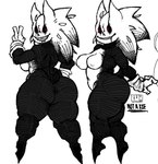 anthro big_butt black_body black_sclera breasts butt clothing facial_markings female gesture gloves hand_gesture hand_on_hip handwear head_markings huge_butt looking_at_viewer looking_back looking_back_at_viewer markings navel nipple_outline rear_view red_eyes side_view simple_background small_breasts smile solo text thick_thighs v_sign white_background white_body white_clothing white_gloves white_handwear wide_hips scared_bum kon_(scared_bum) ghost sleep_paralysis_demon spirit