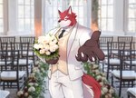 anthro black_necktie chair claws clothing flower furniture gesture hand_gesture holidays male necktie plant solo suit tail white_clothing white_flower white_suit kenzofong knights_college valentine's_day diederich_olsen canid canine fox mammal 2022 absurd_res hi_res