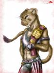 anthro champion championship_belt clothing female fur muscular muscular_female solo whiskers wrestler conditional_dnp whimsicalsquirrel felid lion mammal pantherine