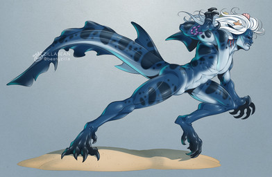 abs alternate_species anthro blue_body blue_skin claws dewclaw dorsal_fin fin furrification gills hair male markings nude sand solo spots spotted_body spotted_skin tail tail_fin white_hair zillabean hannibal_(series) hannibal_lecter aquatic fish shark