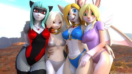 anthro belly bikini blonde_hair blue_hair camel_toe clothed clothing dreadlocks facial_markings female green_hair group hair head_markings horn looking_at_viewer markings mask_(marking) membrane_(anatomy) membranous_wings midriff navel nipple_outline outside pouch_(anatomy) red_eyes smile standing swimwear two-piece_swimsuit white_belly white_hair wide_hips wings ashnar lola_(ashnar) opal_(ashnar) phina_(ashnar) sasha_(ashnar) bat felid hybrid kangaroo lagomorph macropod mammal marsupial procyonid raccoon wolpertinger 16:9 2016 3d_(artwork) digital_media_(artwork) widescreen