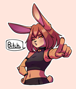 anthro breasts brown_body brown_fur brown_hair clothing collar dialogue female fishnet_clothing fur gesture hair hand_gesture looking_at_viewer navel open_mouth pointing pointing_at_viewer simple_background solo tail text articaartes solar_powell lagomorph leporid mammal rabbit 2026 digital_media_(artwork) english_text low_res