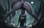 all_fours anthro ass_up bent_over bent_over_with_legs_held_straight big_butt black_body black_fur black_hair breasts butt camel_toe clothed clothing female forest full_moon fur genital_outline hair looking_at_viewer medium_breasts moon outside panties plant presenting presenting_hindquarters pussy_outline solo thick_thighs tree under_boob underwear white_eyes wide_hips bonifasko scp_foundation scp-1471-a canid canine malo mammal monster undead 2022