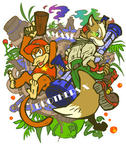 anthro boots bottomless brown_body brown_eyes brown_fur clothed clothing dipstick_tail duo feet fingerless_gloves footwear fur gloves green_eyes gun handgun handwear male markings multicolored_tail open_mouth prehensile_feet ranged_weapon shoes smile tail tail_markings text toes weapon white_body white_fur mikami49 donkey_kong_(series) nintendo star_fox diddy_kong fox_mccloud canid canine fox haplorhine mammal monkey primate 2008 crossover english_text