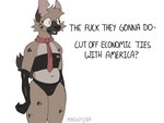 anthro brown_body brown_fur bulge cheek_tuft dialogue facial_tuft femboy fur head_tuft humor male midriff necktie notched_ear politics profanity simple_background solo text tuft white_background mangoyena hyena mammal 2023 4:3 digital_media_(artwork) english_text signature