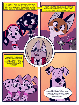 black_clothing black_fingerless_gloves black_gloves black_handwear black_spots blonde_hair bodily_fluids clothing collar dialogue female feral fingerless_gloves floppy_ears fur gloves group hair handwear heterochromatic_ears jacket long_hair male pink_collar red_clothing red_jacket red_topwear speech_bubble spots tears text topwear trio white_body white_fur elibear gjtproductions 101_dalmatian_street 101_dalmatians disney big_fee_(101_dalmatians) d.j._(101_dalmatians) dallas_(101_dalmatians) dante_(101_dalmatians) deja_vu_(101_dalmatians) destiny_(101_dalmatians) doug_(101_dalmatians) fergus_(101_dalmatians) hunter_de_vil sid_(101_dalmatians) triple_d_(101_dalmatians) canid canine canis dalmatian domestic_dog fox human mammal murid murine rat red_fox rodent sciurid tree_squirrel true_fox 3:4 absurd_res comic english_text hi_res