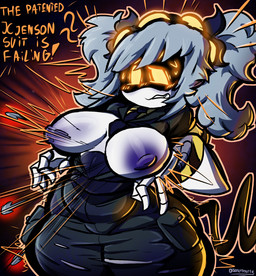 accessory belly big_breasts blush blush_lines bodily_fluids bow_ribbon breasts bursting_breasts bursting_out_of_clothing button_(fastener) button_pop clothed clothing collared_shirt dress_shirt embarrassed exclamation_point exposed_breasts female glowing glowing_eyes grey_hair hair hazard_stripes headband ill-fitting_clothing jagged_tail machine nervous nervous_smile nipples open_clothing open_topwear pigtails purple_nipples screen screen_face shirt simple_background slightly_chubby solo stripes suit surprised sweat sweatdrop tail text thick_thighs topwear torn_clothing twintails_(hairstyle) undersized_clothing wardrobe_malfunction white_body wide_hips yellow_eyes yellow_text diddlydooter1 glitch_productions murder_drones j_(murder_drones) disassembly_drone humanoid robot robot_humanoid artist_name digital_drawing_(artwork) digital_media_(artwork) hi_res signature