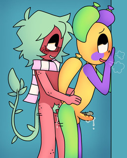 anthro blush bodily_fluids cartoon_freckles cum cum_on_penis duo food freckled_arms freckled_face freckled_hips freckled_legs freckled_shoulders freckles from_behind_position fruit genital_fluids genitals male male/male motion_lines penis plant pubes sex just_squidding blushcrunch_studio dandy's_world roblox looey_(dandy's_world) sprout_(dandy's_world) elemental_creature flora_fauna food_creature living_fruit hi_res