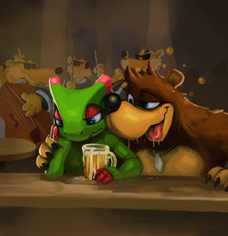 alcohol anthro bar beer beverage blue_eyes bodily_fluids drooling drunk duo_focus flirting group inside male male/male musical_instrument sad saliva sitting substance_intoxication tongue daftpatriot banjo-kazooie conker's_bad_fur_day playtonic_games rareware yooka-laylee banjo_(banjo-kazooie) yooka bear lizard mammal mustelid musteline reptile scalie true_musteline weasel 2017 crossover