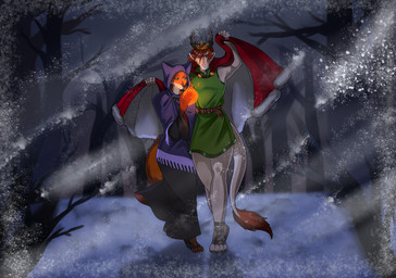 4_toes 5_fingers anthro antlers athletic athletic_male belt blizzard_(weather) caligae claws clothing covering crown digitigrade digitigrade_footwear duo emerald_(gem) feet female finger_claws fingers fire footwear forest furgonomic_footwear furgonomics gem gown green_eyes headgear horn jewelry looking_at_viewer magic magic_user male mane mantle medieval medieval_clothing muscular muscular_male night paws pendant plant prince protecting royalty sandals shawl shoes storm tail tail_tuft toe_claws toeless_footwear toes tree tuft walking wind winter witch witchcraft chiralchimera mythology tales_from_valmeridia prince_borgon silva_vernalis canid canine dragon fox mammal mythological_creature mythological_scalie scalie absurd_res hi_res story story_in_description