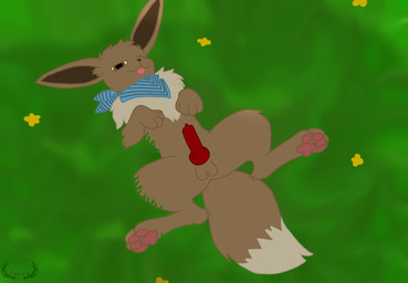 animal_genitalia animal_penis balls black_nose blep blue_clothing blue_kerchief brown_balls brown_body brown_eyes brown_fur clothing flower fur genitals grass inner_thigh kerchief knot knotted_penis looking_at_viewer lying male narrowed_eyes on_back one_eye_closed pawpads penis pink_pawpads plant red_knot red_penis sam_(eevee) solo spread_legs spreading stripes tan_body tan_fur tongue tongue_out wink yellow_flower mettdesign_(artist) nintendo pokemon eevee generation_1_pokemon pokemon_(species)