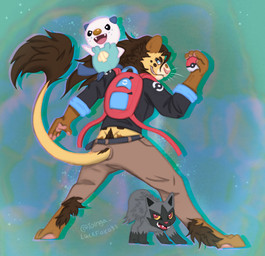 anthro backpack black_body black_fur blue_background blue_body blue_fur brown_body brown_fur brown_hair clothing fangs female fur grey_body grey_fur hair half-closed_eyes khaki_pants looking_at_viewer looking_back narrowed_eyes open_mouth open_smile pawpads paws pink_pawpads pokeball seashell shell simple_background smile smirk smug smug_face smug_grin solo sweater tail tail_tuft teeth topwear tuft white_body white_fur yellow_body yellow_fur conditional_dnp luckfoxo33 nintendo pokemon tatum_koenig felid generation_3_pokemon generation_5_pokemon lion mammal oshawott pantherine pokemon_(species) poochyena hi_res gynomorph_(lore) trans_(lore) trans_woman_(lore)