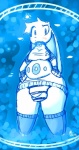 blush bulge clothing collar gynomorph intersex jumper looking_at_viewer simple_background slightly_chubby solo kiseff lagomorph leporid mammal rabbit 2012 blue_and_white blue_theme hi_res monochrome