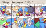 amphibian anthro avian bird bisexual bite blue_body blue_feathers canid canine canis chameleon chart clothed clothing dash_bowman_(character) domestic_cat falco_lombardi feathers felid feline felis female fox fox_mccloud frog german_text group h_futako hi_res japanese_text katt_monroe kissing leon_powalski licking lizard male male/female male/male mammal marcus_mccloud melanistic nintendo panther_caroso pantherine reptile scalie slippy_toad smile solo_focus star_fox text toad_(frog) tongue tongue_out topless translated wolf wolf_o'donnell