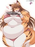 ahoge anthro belly big_belly big_breasts bikini blush breasts brown_hair clothing countershading eating eyes_closed female fish_meat fluffy fluffy_tail food fur fur_markings hair heart_(marking) heart_symbol inner_ear_fluff love_handles markings meat navel neck-fluff open_mouth orange_body orange_fur overweight simple_background solo standing stripes swimwear tail thick_thighs tuft two-piece_swimsuit white_body white_fur wide_hips kurocazenosora catkey_(huhunya) felid mammal pantherine tiger 3:4 absurd_res hi_res portrait three-quarter_portrait