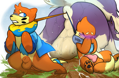 anal anal_vore animal_genitalia anthro anthro_prey balls big_balls blush blushing_profusely bodily_fluids cum cum_on_ground cum_on_leg cum_on_own_leg cum_on_self cum_string dirt dirty dirty_feet ejaculation feral feral_pred fully_sheathed genital_fluids genitals group holding_nose imminent_anal_vore imminent_vore knot knotted_penis leash leash_pull leashed-in_vore leashed_anthro leashed_male leashed_prey looking_at_another looking_back looking_back_at_another male male/male male_anthro male_feral male_pred male_prey multiple_prey musk nose_blush penis poison purple_blush sheath smelly sweat trio vore chillipepper nintendo pokemon jett_(buizel) soggy_(soggybuizel) buizel generation_4_pokemon pokemon_(species) skuntank absurd_res hi_res