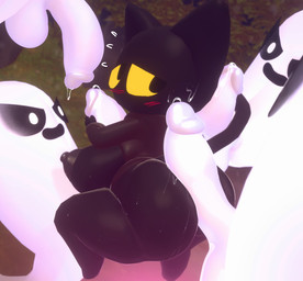 anthro big_breasts big_butt black_body black_fur blush bodily_fluids breast_play breasts butt female fur genitals group hot_dogging huge_butt male male/female penis sex shortstack solo_focus sweat titfuck kingofacesx google google_doodle magic_cat_academy momo_(google) domestic_cat felid feline felis ghost mammal spirit