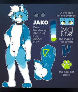 anthro antlers blue_body blue_fur blue_nose collar collar_only countershading eyewear featureless_crotch footprint fur glasses green_eyes hair horn male markings multicolored_body multicolored_fur nude pawprint sidecut simple_background solo spots spotted_body spotted_fur text triangle_(shape) white_body white_countershading white_hair chubbierjako jako_(chubbierjako) deer mammal 2023 colored english_text hi_res model_sheet nonbinary_(lore)
