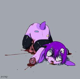 alternative_fashion amputated amputation anthro band-aid band-aid_on_back bandage blood bodily_fluids clothed clothed_anthro clothing crying disembowelment dying female gore goth grey_background guts intestines lying mall_goth on_front organs purple_tail scut_tail short_tail simple_background solo tail tears bravobunny bravo_(bravobunny) lagomorph leporid mammal rabbit hi_res