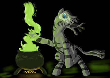 accessory blue_eyes cauldron feral grey_body hair_accessory hair_tie male mask on_hind_legs potion smoke solo standing striped_body stripes doesnotexist hasbro my_little_pony ruzeth equid equine mammal zebra digital_media_(artwork)