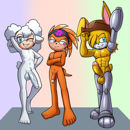 anthro balls big_penis crossgender cybernetics genitals machine male muscular muscular_anthro muscular_male orange_body penis prosthetic prosthetic_arm prosthetic_leg prosthetic_limb vein veiny_penis white_body yellow_body fourssss idw_publishing sega sonic_chronicles:_the_dark_brotherhood sonic_the_hedgehog_(comics) sonic_the_hedgehog_(idw) sonic_the_hedgehog_(series) bunnie_rabbot lanolin_the_sheep_(sonic) shade_the_echidna bovid caprine cyborg echidna lagomorph mammal monotreme sheep 2026 digital_drawing_(artwork) digital_media_(artwork) hi_res