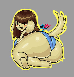 anthro beady_eyes big_breasts big_butt black_eyes black_nose blue_clothing blue_swimwear blush blush_stickers breasts brown_hair butt clothing eyelashes female floppy_ears fur grey_background hair long_hair looking_at_viewer looking_back looking_back_at_viewer lop_ears open_mouth open_smile simple_background smile solo swimwear thick_thighs wide_hips yellow_body yellow_fur axvywea canid canine canis domestic_dog mammal hi_res