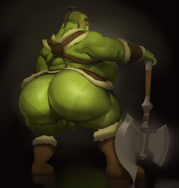 armor armwear axe back_muscles backsack balls big_butt big_muscles black_background bodily_fluids body_hair bodypaint boots bottom_heavy brown_hair bubble_butt butt butt_hair clothing double_bitted_axe eyebrows face_paint flaccid footwear fur genitals green_body green_skin hair harness holding_axe holding_object holding_weapon huge_butt huge_muscles humanoid_genitalia humanoid_penis leg_hair lips looking_back male melee_weapon musclegut muscular muscular_humanoid muscular_male not_furry overweight overweight_humanoid overweight_male penis ponytail rear_view shoes simple_background solo standing suntan sweat sweaty_balls sweaty_butt sweaty_genitalia sweaty_penis tan_line thick_thighs tusks unconvincing_armor weapon justmegabenewell humanoid mammal orc 2020 hi_res