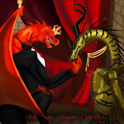 bound bound_female clothing crown curtains female headgear horn king male male/female red_body royalty suit teeth text touching_chin wings auroracrystalz mythology wings_of_fire vulcan_(auroracrystalz) wasp_(wof) dragon hivewing_(wof) mythological_creature mythological_scalie scalie 1:1