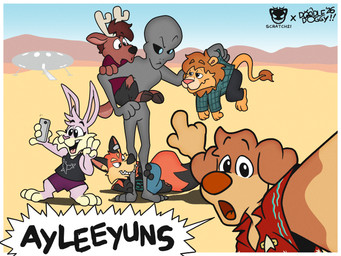 desert dialogue female grey_body group holding_up_other_character male speech_bubble toony doodledoggy scratch21 cooper_(scratch21) doodle_(doodledoggy) ed_(scratch21) matt_(scratch21) riley_(scratch21) wojak alien alien_humanoid humanoid hi_res