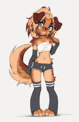 anthro biped bottomwear breasts clothed clothed_anthro clothed_female clothing feet female fingers front_view fully_clothed fully_clothed_anthro fully_clothed_female fur hair navel simple_background smile solo standing tail toes topwear tinygaypirate canid canine canis domestic_dog mammal 2026 absurd_res digital_drawing_(artwork) digital_media_(artwork) hi_res