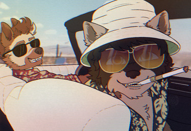 aloha_shirt anthro bucket_hat car cigarette cigarette_holder cigarette_in_mouth clothing convertible desert driving eyewear hat headgear headwear male movie_reference object_in_mouth pattern_clothing pattern_shirt pattern_topwear shirt sunglasses topwear vehicle maebeasheep fear_and_loathing_in_las_vegas anton_barkowitz donathan_(winkiewarrior)