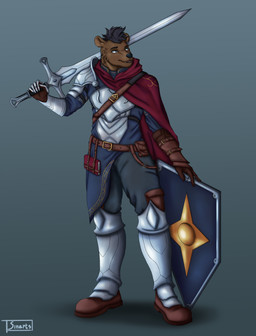 anthro armor belt blue_eyes brown_body brown_fur cloak clothed clothing dark_hair decoration fully_clothed fur gloves hair handwear holding_melee_weapon holding_object holding_sword holding_weapon journal leg_armor male melee_weapon paladin pauldron pouch_(clothing) shield short_hair simple_background smile solo standing sword sword_on_shoulder teeth weapon weapon_on_shoulder sinarts bear mammal absurd_res hi_res