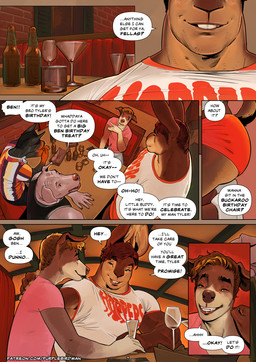 anthro ben_(falcon_mccooper) bottomwear broad_shoulders buckteeth butt clothed clothed_male clothing dialogue group hotpants male muscular muscular_anthro muscular_male rabbit_ears scut_tail short_tail shorts size_difference smile speech_bubble tail teeth text tight_clothing purplebirdman tyler_(falcon_mccooper) canid canine canis domestic_dog lagomorph leporid mammal rabbit comic english_text