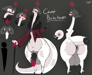 anthro anus backsack balls belly big_balls big_butt big_penis bottom_heavy bottomless bottomless_anthro bottomless_male butt cane clothed clothing coat fangs genitals glowing glowing_genitalia gradient_background grey_background grey_body grey_scales half-closed_eyes halo horn huge_balls huge_butt huge_penis hyper hyper_balls hyper_genitalia long_body long_neck looking_at_viewer looking_back male multi_horn narrowed_eyes navel penile_spines penis perineum red_sclera scales simple_background slightly_chubby slightly_chubby_anthro slightly_chubby_male solo tail teeth thick_thighs topwear white_body white_scales wide_hips kingofacesx mythology count_behetoven dragon mythological_creature mythological_scalie scalie vampire model_sheet