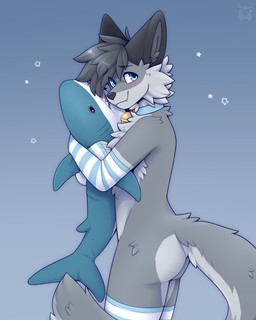 anthro armwear black_nose blue_collar blush butt cheek_tuft chest_tuft clothing collar cute_fangs facial_tuft fangs fur grey_body grey_fur grey_hair hair hug hugging_object hugging_plushie legwear looking_back male pattern_armwear pattern_clothing pattern_legwear pattern_stockings plushie short_hair shy shy_smile simple_background smile snout solo stockings striped_armwear striped_clothing striped_legwear striped_stockings stripes tail teeth tuft fleurfurr ikea blahaj canid canine mammal colored digital_drawing_(artwork) digital_media_(artwork) hi_res shaded