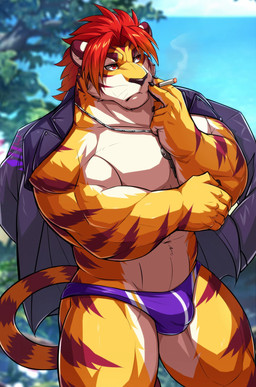 abs anthro biceps biped black_nose bulge cigarette clothing coat_cape fur hair jewelry male markings muscular muscular_anthro muscular_male navel orange_body orange_fur pecs pendant plant red_eyes red_hair sea smoking solo speedo striped_body striped_fur striped_markings striped_tail stripes swimwear tail tail_markings tree water white_body white_fur drks lifewonders tokyo_afterschool_summoners nomad_(tas) felid mammal pantherine tiger hi_res