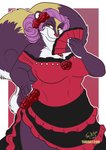 accessory anthro biped breasts clothed clothing dress female flower flower_in_hair folding_fan hair hair_accessory holding_object plant rose_(flower) simple_background smile solo standing toxi_de_vyne_(artist) french_rose mammal mephitid skunk 2020