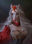 anthro black_clothing blue_eyes clothed clothing eyelashes female front_view fur glistening glistening_eyes glistening_horn hair horn long_hair mouth_closed orange_horn red_clothing simple_background solo white_body white_fur white_hair marie_merkh mythology equid equine mammal mythological_creature mythological_equine unicorn absurd_res half-length_portrait hi_res portrait