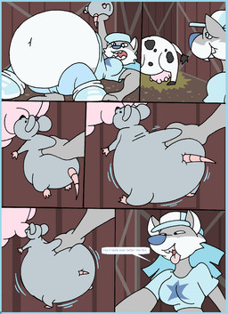 after_vore anthro belly big_belly blue_clothing blue_hair blue_shirt blue_topwear breasts butt clothing female feral group hair hat headgear headwear huge_belly inflation inside overweight shirt teats text topwear udders vore weight_gain virus-20 wendy_wolf_(virus-20) bovid bovine canid canine canis cattle mammal mouse murid murine rodent wolf 2023 comic