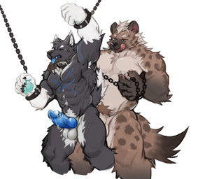 abs anal anal_penetration animal_genitalia anthro armpit_tuft balls barazoku black_body black_fur blue_knot blue_tongue bodily_fluids bound brown_body brown_fur chain chained claws dripping duo eyes_closed fur genital_fluids genitals hair hands_tied humanoid_genitalia knot leaking_precum licking licking_lips male male/male male_penetrated male_penetrating male_penetrating_male markings multicolored_body multicolored_fur muscular muscular_male nipples pawpads pecs penetration precum precum_drip sex simple_background spots spotted_body spotted_fur tan_body tan_fur teal_pawpads tongue tongue_out white_background white_body white_fur white_hair yellow_eyes trenza canid canine canis hyena mammal wolf hi_res