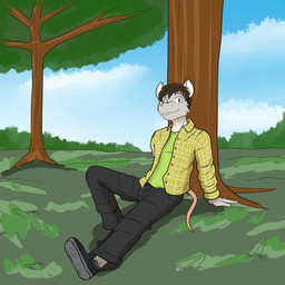 anthro black_bottomwear black_clothing black_footwear black_pants black_shoes bottomwear clothed clothing footwear green_button-down_shirt green_clothing green_shirt green_topwear male pants plant shirt shoes shrub sky smile smiling_at_viewer solo topwear tree fuze mammal mouse murid murine rodent 1:1 hi_res