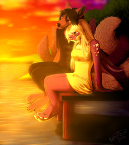 anthro barefoot black_body black_hair black_nose black_skin blonde_hair bottomwear breasts brown_body brown_fur claws clothed clothing cloud cuddling detailed_background dress duo evening feet female fluffy fur glistening grass hair happy humanoid_pointy_ears lake long_hair looking_at_viewer looking_up male male/female narrowed_eyes outside pants pier plant pointy_ears purple_body purple_fur romantic romantic_ambiance romantic_couple seaside shadow shirt short_hair sitting sky smile squint star sunset tail topwear tree water whiskers white_body white_fur wood yellow_eyes kero_tzuki canid canine canis domestic_cat felid feline felis mammal wolf 2013 digital_media_(artwork) hi_res warm_colors
