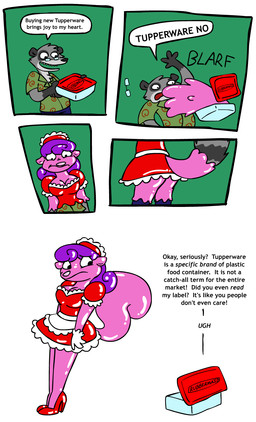 after_transformation age_regression anthro breasts clothed clothing curly_hair dialogue dress eyewear female footwear forced forced_transformation gender_transformation glasses goo_transformation hair high_heels latex latex_body latex_clothing latex_transformation liquid_latex looking_at_another maid_uniform male mature_male mtf_transformation no_underwear pink_body pink_nose plastic_container purple_hair red_clothing red_dress regret shoes solo talking_object text transformation tupperware uniform rusheloc animate_inanimate mammal mephitid procyonid raccoon skunk comic english_text hi_res