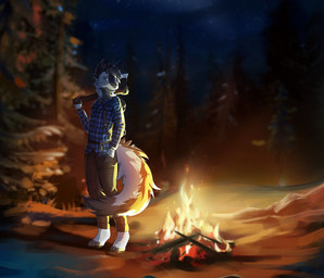 anthro axe black_body black_fur campfire clothed clothing detailed_background feet fire foot_wraps forest fur holding_object looking_at_viewer male melee_weapon outside plant smile solo tree weapon white_body white_fur wraps hazelmere canid canine canis mammal wolf 2018 digital_media_(artwork) shaded