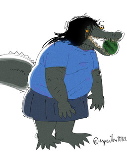 5_fingers 5_toes anthro big_tail black_eyes black_hair blue_clothing blue_shirt blue_t-shirt blue_topwear bottomwear claws clothing feet female finger_claws fingers food fruit green_body green_scales hair long_hair long_snout long_tail melon overweight overweight_anthro overweight_female plant scales sharp_teeth shirt simple_background skirt snout solo t-shirt tail teeth text toes topwear watermelon white_background yellow_sclera espectro111222 cavemanon_studios i_wani_hug_that_gator gertie_(iwhtg) alligatorid crocodilian deinosuchus reptile scalie 2025 artist_name digital_drawing_(artwork) digital_media_(artwork) hi_res signature